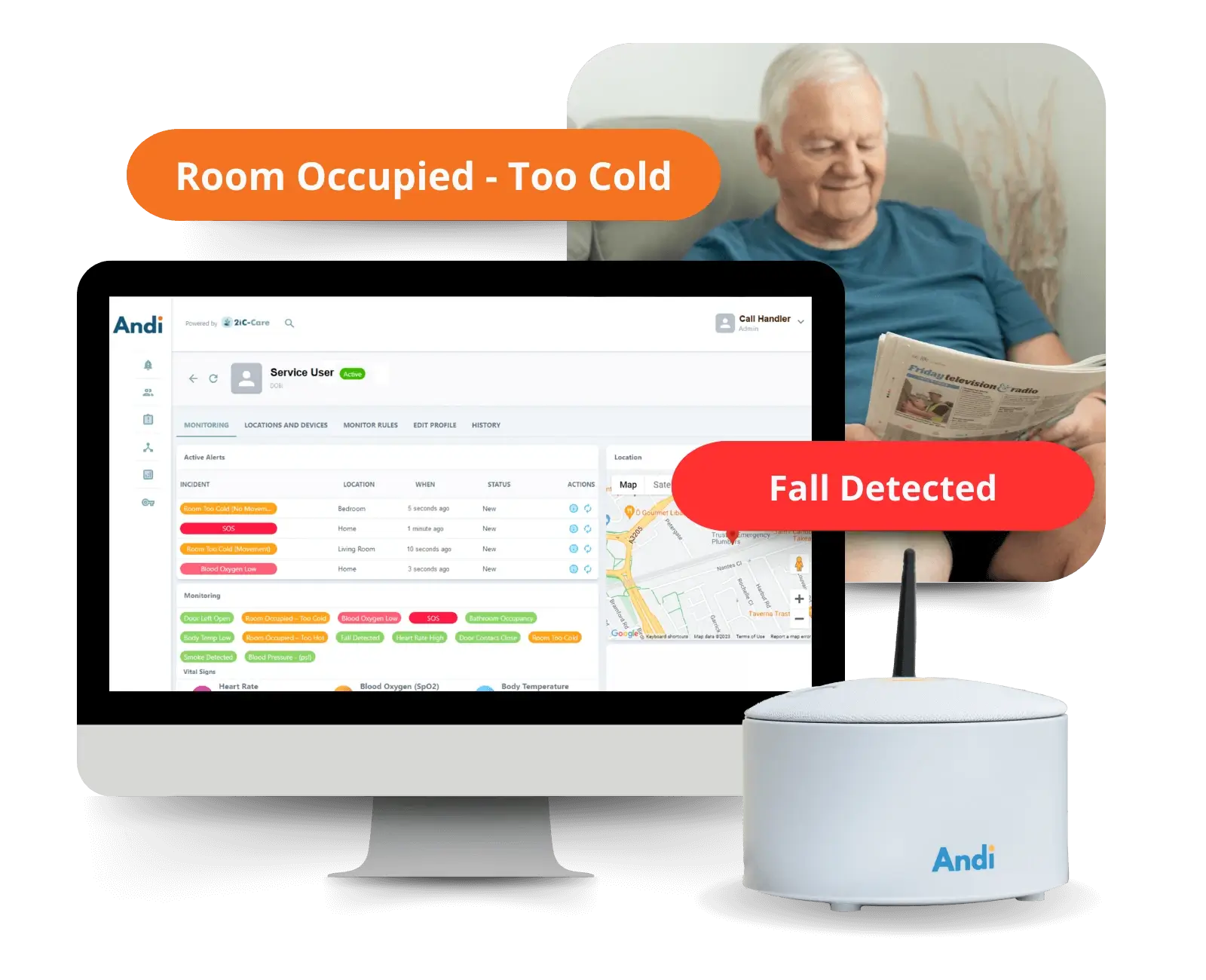 Andi Hub and dashboard with alerts about an older lady falling